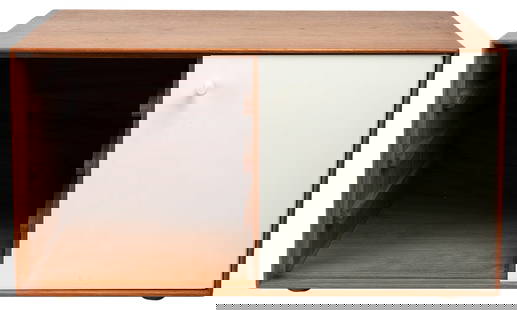 Mid Century Modern Small Tabletop Cabinet. Not dated. Teak ...: Mid Century Modern Small Tabletop Cabinet. Not dated. Teak and plastic. 11 h x 20 w x 13” d. Two sections, one empty, one with slats. Some indentations top. Bottom hinge to open door not