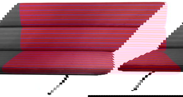 Charles & Ray Eames. Sofa Compact. For Herman Miller. Miler...: Charles & Ray Eames. Sofa Compact. For Herman Miller. Miler Stripe fabric designed by Alexander Girard. 35 h x 72 w × 28 d. This sofa's back opens and closes. Staples evident at one width edge.