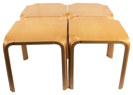 Stool X601 (Fan Leg) for Artek by Alvar Aalto. Set of 4. Fi...: Stool X601 (Fan Leg) for Artek by Alvar Aalto. Set of 4. Finland. Design 1960. Wood. 17 ¾” h x 17 ¾ w x 17 ¾” d. Stamped underneath 050810. Modular set stacks and also creat