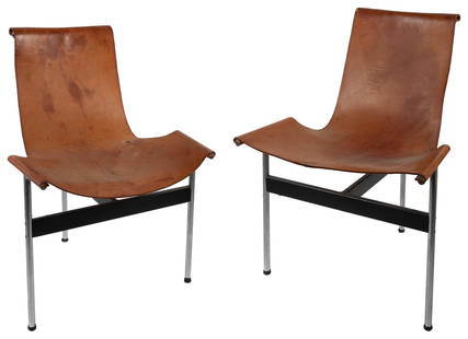 T-Chairs (Pair) Model LA 1073. William Katavolos, Ross Litt...: T-Chairs (Pair) Model LA 1073. William Katavolos, Ross Littel & Douglas Kelley for Laverne International USA. 1952. Chrome plated enameled steel and leather. Leather has stains overall, with scuffs an