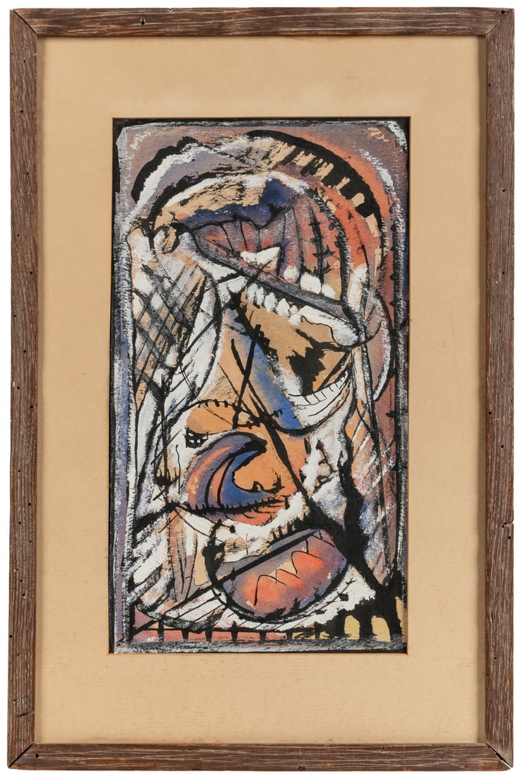 GRUDIN, Shim (American, 1913-1979). Untitled. Not dated. Mi...: GRUDIN, Shim (American, 1913-1979). Untitled. Not dated. Mixed media on paper. Signed lower left. 16 x 9”. Frame 22 ½ x 15”. Grudin has exhibited at the Art Institute of Chicago among