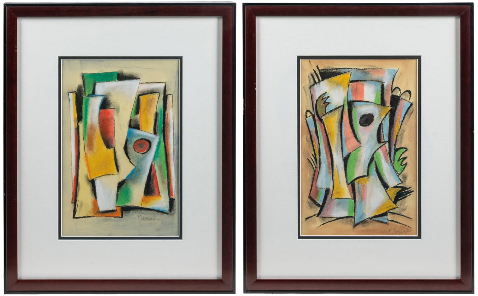 UDALTSOVA, Nadezhda (Russian, 1886-1961). Untitled. (Two Cu...: UDALTSOVA, Nadezhda (Russian, 1886-1961). Untitled. (Two Cubist Abstractions). Not dated. Pastel on paper. Signed lower right. Sight 12 ¼ x 8 ¼”. Frame (glass) 20 ½ x 16 ¼