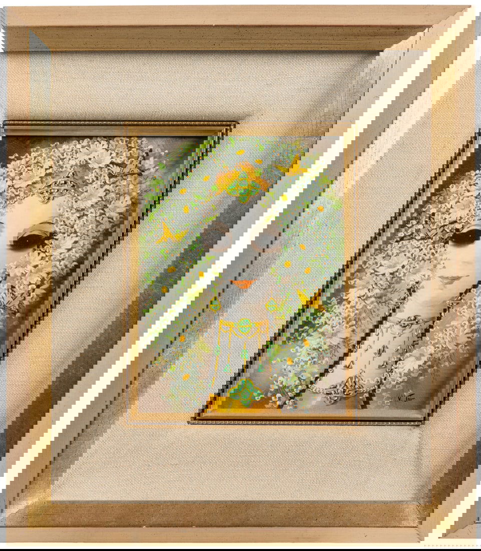 TOR, Vic (American, born, 1937). Female with Floral Hair an...: TOR, Vic (American, born, 1937). Female with Floral Hair and Butterflies). Not dated. Oil on Masonite. 8 x “. Frame 15 x 13”. Overall good condition.