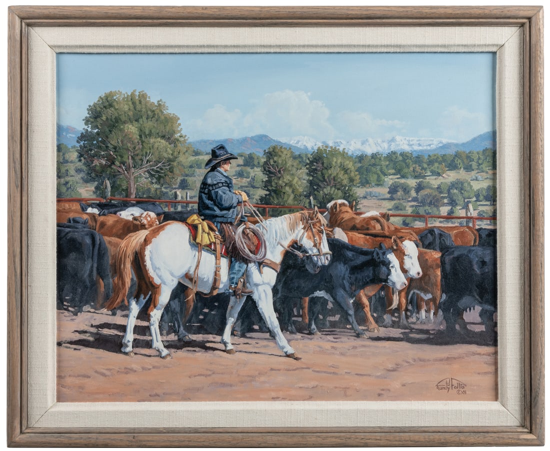 FOLLIS, Randy (American, b. 1939). Cutting Out the Bull. 20...: FOLLIS, Randy (American, b. 1939). Cutting Out the Bull. 2001. Oil on canvas. Signed lower right and verso. 16 x 20”. Frame 19 x 23”. Overall good condition.