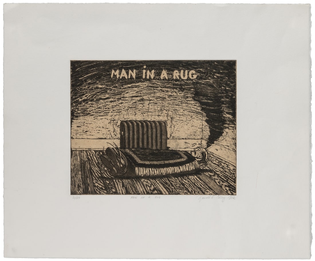 COLLEY, Don (America, b. 1954). Man in a Rug. 1992. Etching...: COLLEY, Don (America, b. 1954). Man in a Rug. 1992. Etching on paper. Signed, titled, dated and numbered lower margin. Edition 2/25. Unframed. 8 x 9 ¾”. Sheet. 15 x 18”. Light scuff i