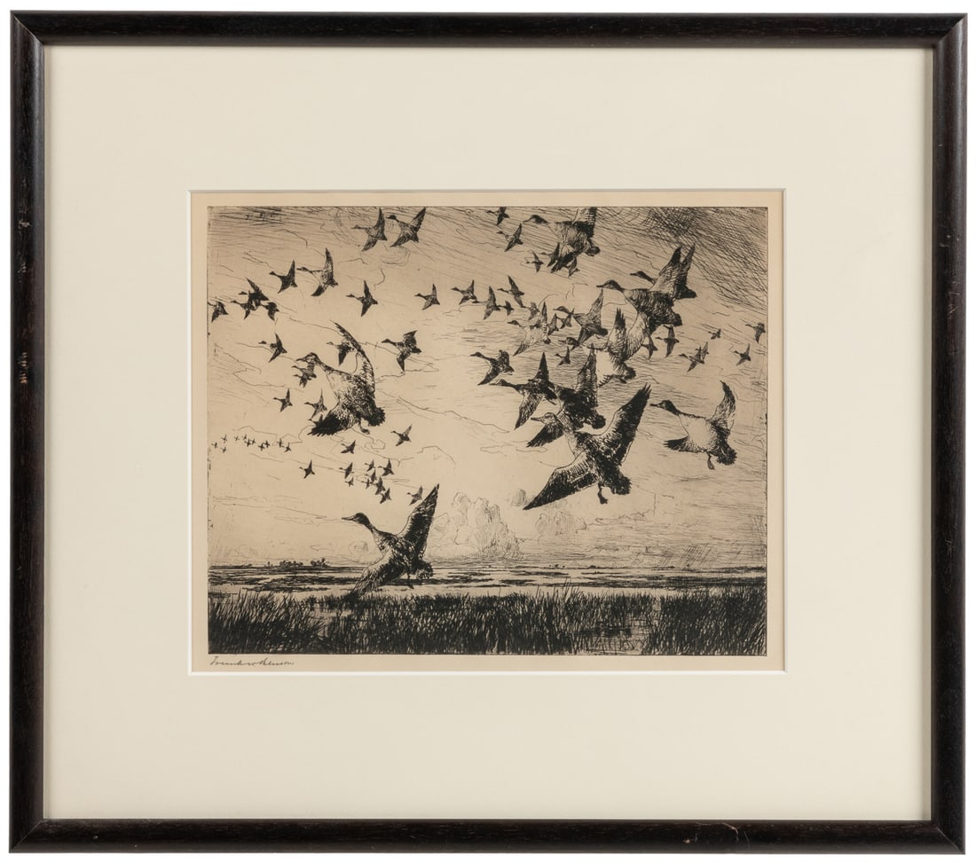 BENSON, Frank (American, 1862-1951). Morning Flight. 1918. ...: BENSON, Frank (American, 1862-1951). Morning Flight. 1918. Etching on paper. Approximately 8 x 10”. Signed lower left. E & A Milch, Inc., New York (label verso). Overall good condition.