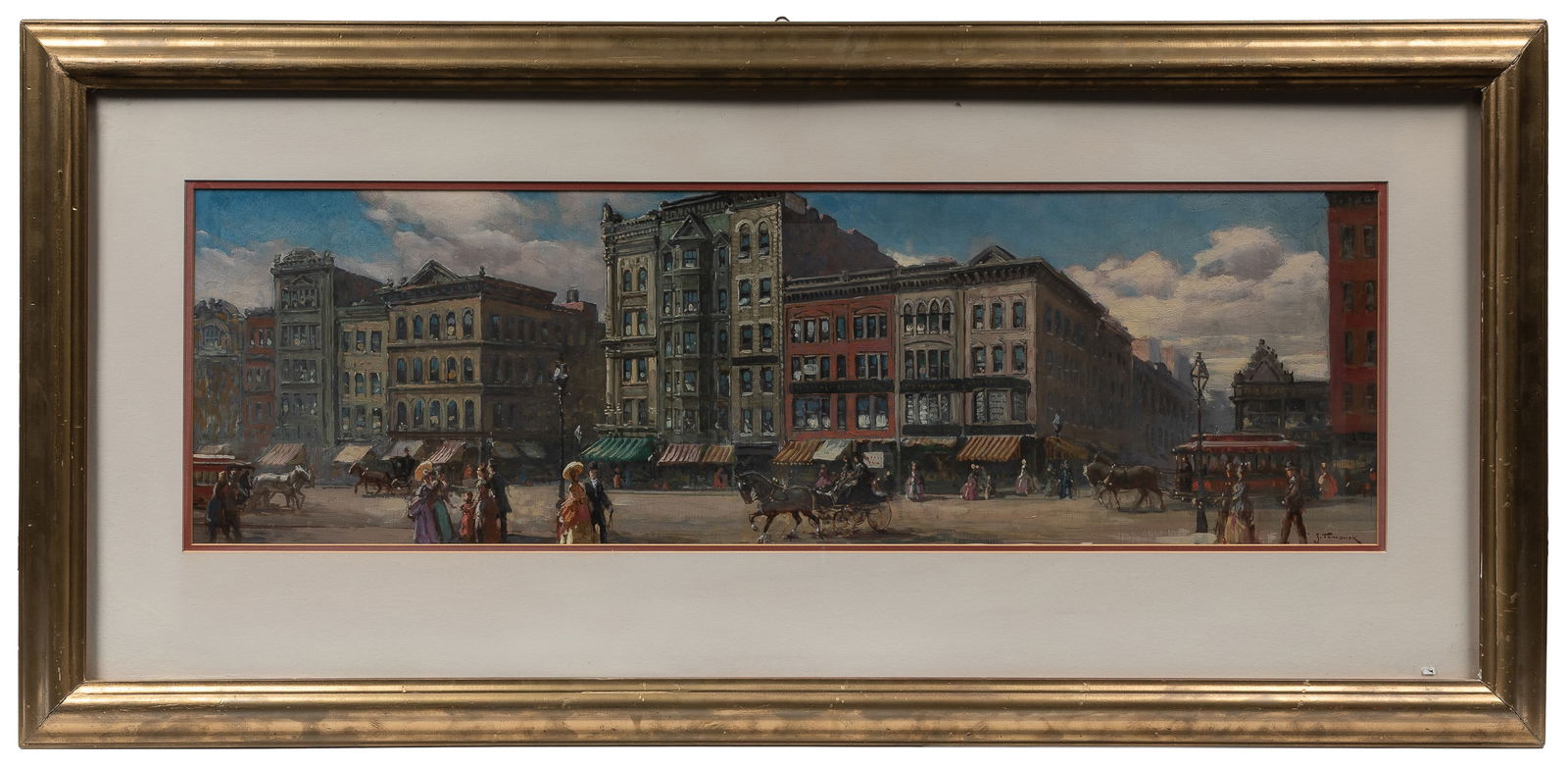 TOMANEK, Joseph (American, 1889-1974). Chicago, State Stree...: TOMANEK, Joseph (American, 1889-1974). Chicago, State Street. Oil on Masonite. Signed lower right. Sight 12 ¼ x 41 ½”. Frame 25 ½ x 53 ½”. Overall good condition. Custo