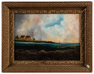 ARTIST UNKNOWN. Untitled (Shore Scene). Unsigned. Oil on ca...
