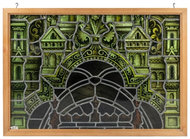[STAINED GLASS]. Stained Glass Window with Architectural De...