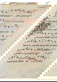 [ILLUMINATED ANTIPHONAL LEAF]. Manuscript Antiphonal Leaf w...