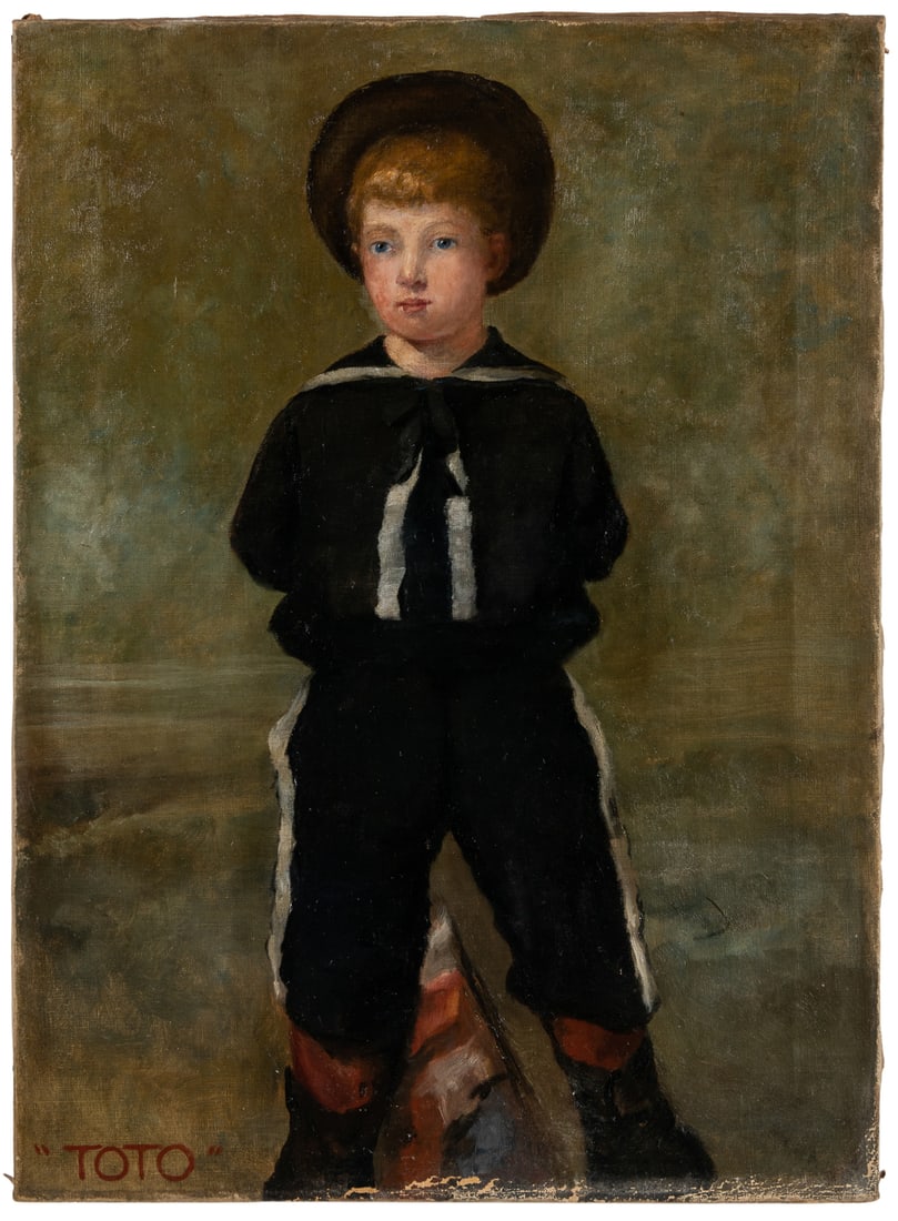 ARTIST UNKNOWN (American School, 20th century). TOTO. 1948....: ARTIST UNKNOWN (American School, 20th century). TOTO. 1948. Oil on canvas. Unsigned. 19 ¾ x 27”. Artist label attached verso, New York Association …(missing), with an address starting