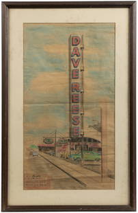 Rendering from Superior Neon Sign Co. Philadelphia, PA. Dav...: Rendering from Superior Neon Sign Co. Philadelphia, PA. Dave Reese Oldsmobile. (American, circa 1960). Colored pencil and watercolor on paper. Sight 24 x 13 ½”. Frame (glass) 30 x 19 ½