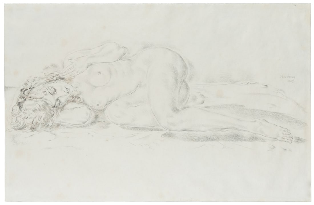 VON STERNBERG, Nicolas (Hungarian, 1901-1960). Untitled. (R...: VON STERNBERG, Nicolas (Hungarian, 1901-1960). Untitled. (Reclining Nude). Graphite on paper. Signed and dated near middle right edge. 12 ½ x 19 ¼”. Unframed. Light general spotting ov