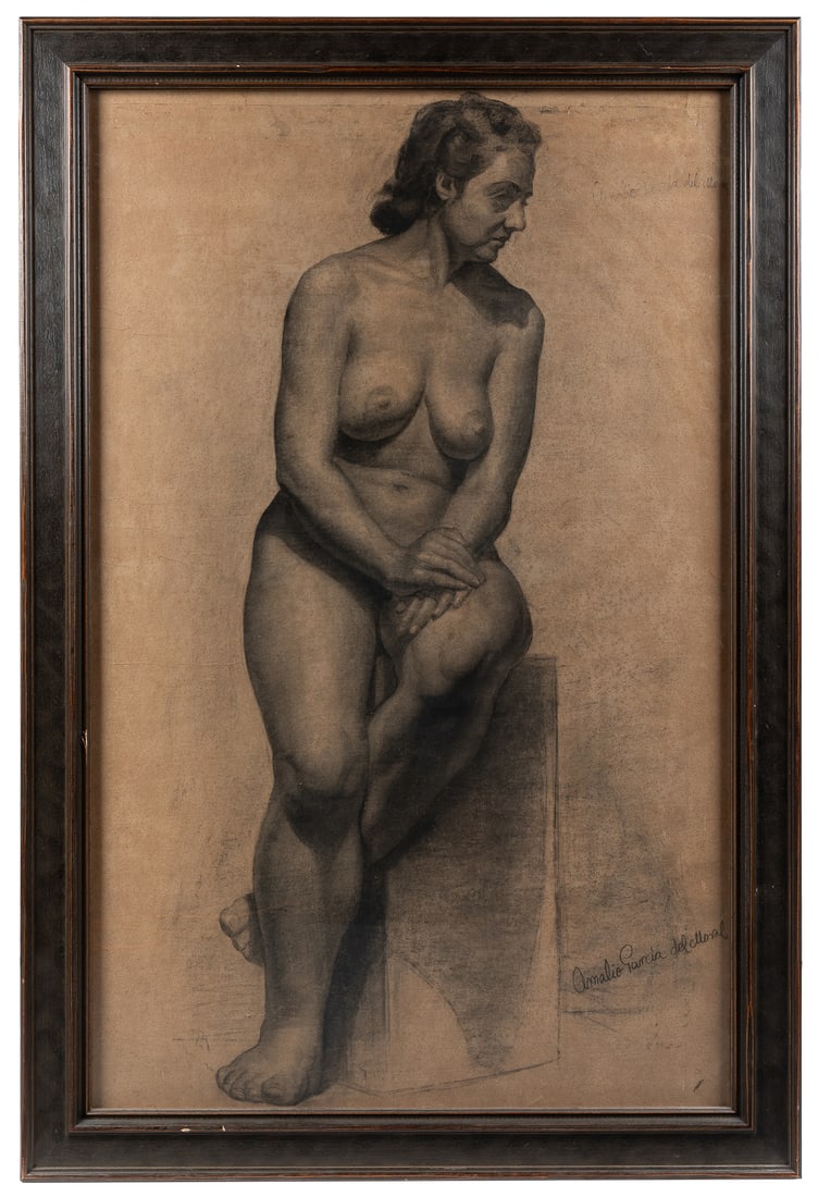GARCIA DEL MORAL, Amalio (Spanish, 1922-1995). Untitled. (S...: GARCIA DEL MORAL, Amalio (Spanish, 1922-1995). Untitled. (Seated Nude). Circa 1950s. Charcoal on paper. Signed. Sight 42 ½ x 26 ½”. Frame (glass) 48 x 32”. Not examined out of fr