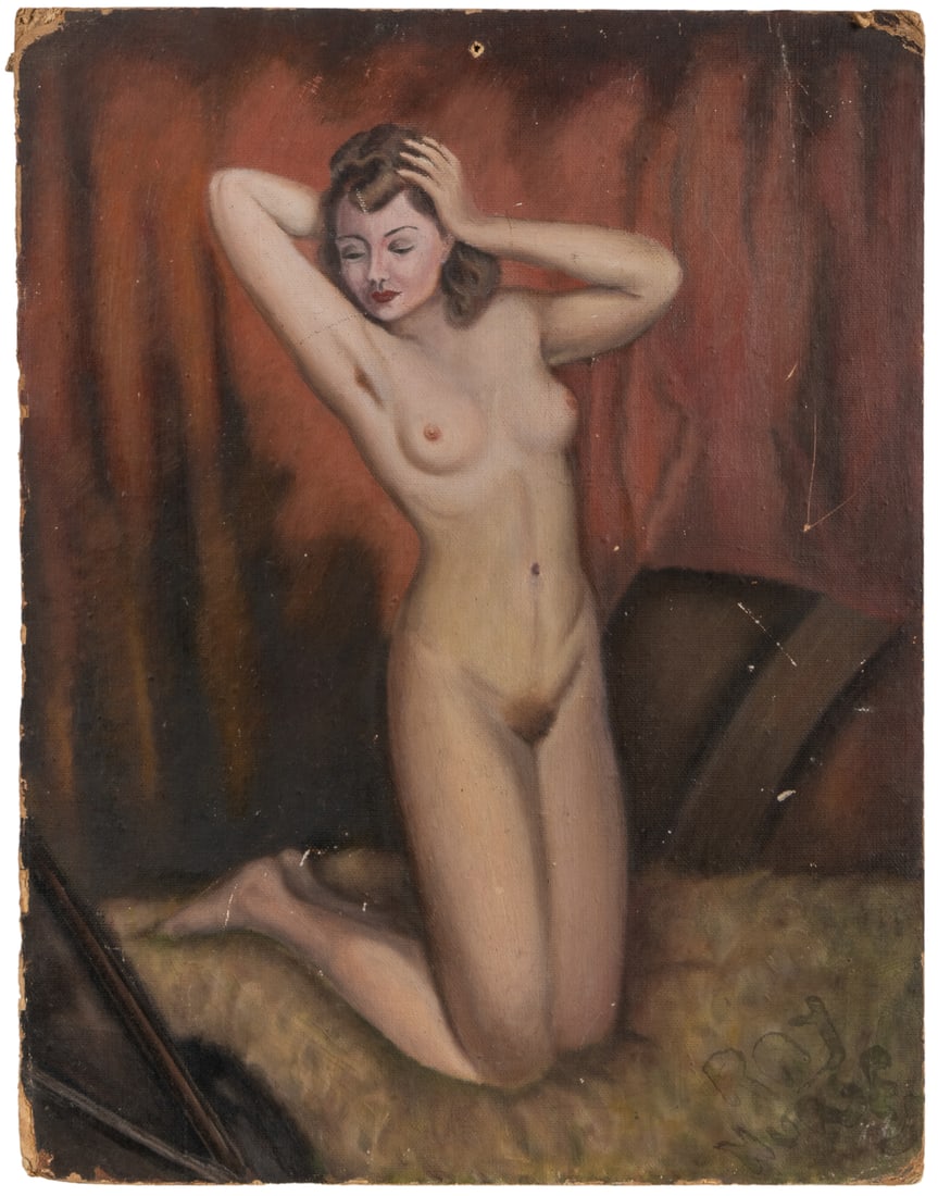 ARTIST UNKNOWN (American, 20th century). Female Nude. Not d...: ARTIST UNKNOWN (American, 20th century). Female Nude. Not dated. Oil on thick canvas board. Signed Ray Murse lower right. 19 ½ x 15. Unframed. Surface dirt. Nail hole top center. Edges worn with 