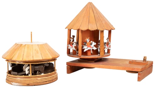FOLK ART Two Mini Carousels. Circa 1960. Constructed wood a...