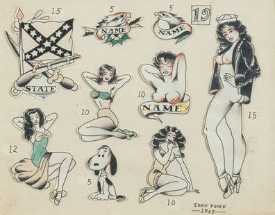 PEACE, Eddie (American, 20th century). Tattoo Flash. 1962. ...: PEACE, Eddie (American, 20th century). Tattoo Flash. 1962. Mixed media with collage on paper. Signed and dated lower right. 11 x 14”. Frame (glass) 18 x 21”. Paper toned with some light ma