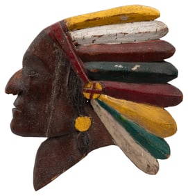 [FOLK ART] Indian with Headdress Profile Relief Carving. (A...