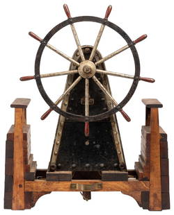 Ship’s Steering Wheel Demonstration Model. (American, 20th ...: Ship’s Steering Wheel Demonstration Model. (American, 20th Century). Constructed metal, wood, paint and rope. 16 ½ h x 13 ¼ x 7 ¼”. This table top sample demonstrates how a