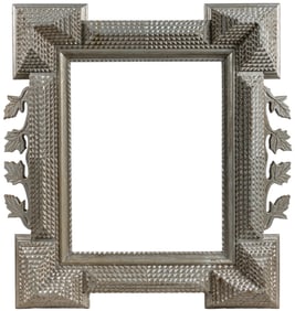 Tramp Art Frame with Carved Decorative Leaves and Silver Pa...