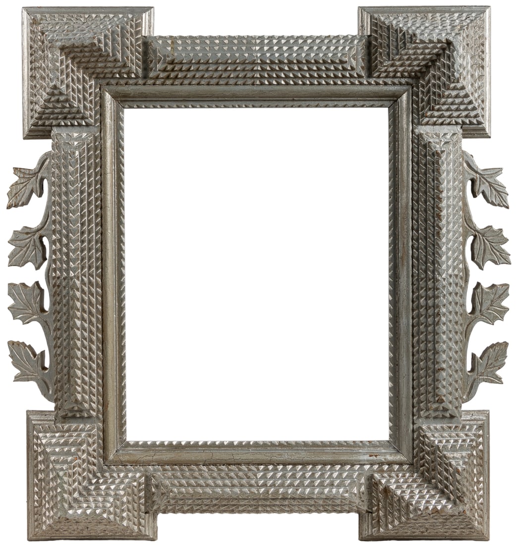 Tramp Art Frame with Carved Decorative Leaves and Silver Pa... (1 of 3)