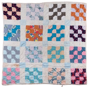 [ANTIQUE QUILT] “Bow Tie“ Variation. Circa 1950. Various fa...