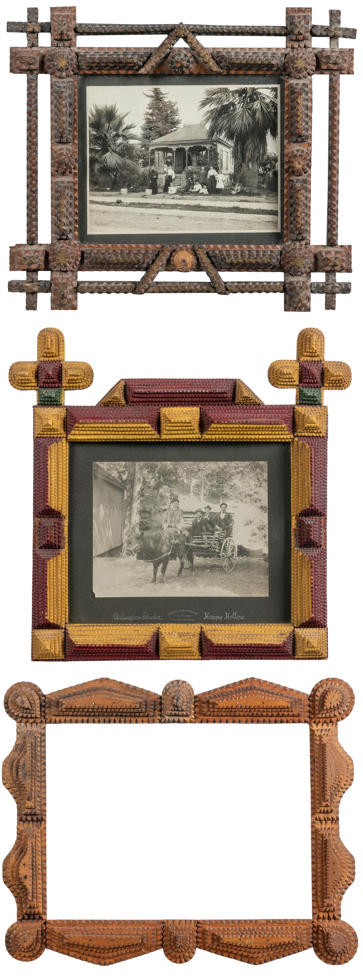 Three Tramp Art Frames, Two with vintage photographs. Chip ... (1 of 4)