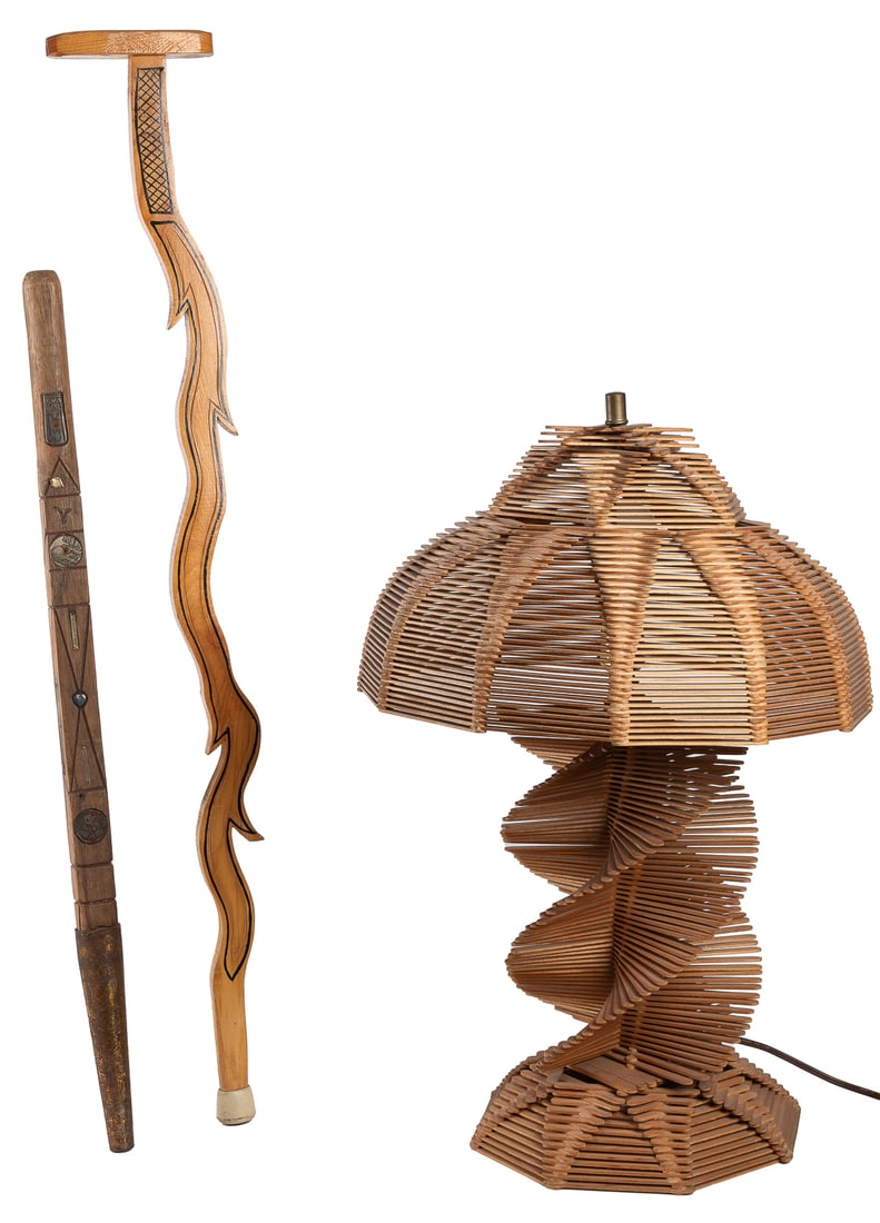 [FOLK ART] Popsicle Stick Lamp with Two Canes. Circa 1960. ... (1 of 2)