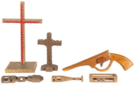[FOLK ART] Two Tramp Art Crosses, Elegant Carved Handgun an...