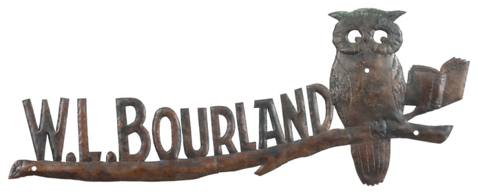 A Copper Cutout of a Reading Owl with the name W. L. Bourla...