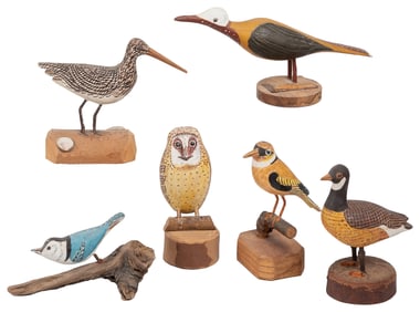 [FOLK ART] Six Carved and Painted Birds. Sandpiper, Owl, Nu...
