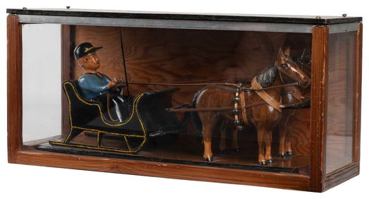 Horses and Sleigh with Dog and Male Figure. 1957. Carved an...
