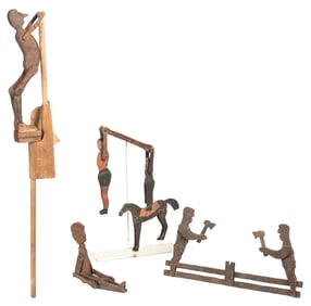 [FOLK ART] Four Kinetic Toy Carvings. Horse with Jumping Fi...