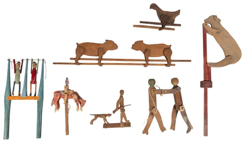 [FOLK ART] Seven Kinetic Toy Carvings. Dogs, Hen, Dog, Danc...