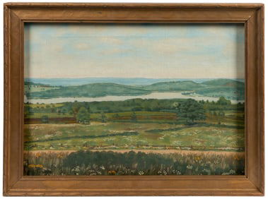 FOLK ART Farm and River Landscape Near a Lake. (American, 2...
