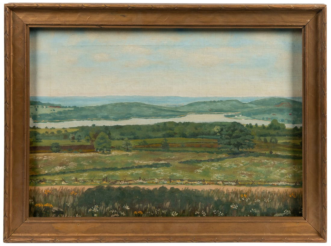 FOLK ART Farm and River Landscape Near a Lake. (American, 2... (1 of 2)