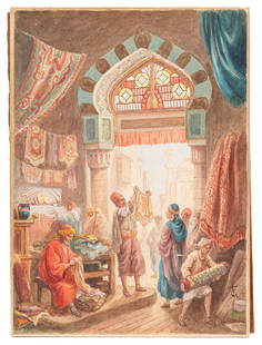 GOODALL, Frederick (British, 1822-1904) A Carpet Bazaar, Cairo.: GOODALL, Frederick (British, 1822-1904) A Carpet Bazaar, Cairo. Not dated. (Mid to late 19th century). Watercolor on paper laid to stiff board. Signed monogram lower right. Period calligraphy label fo