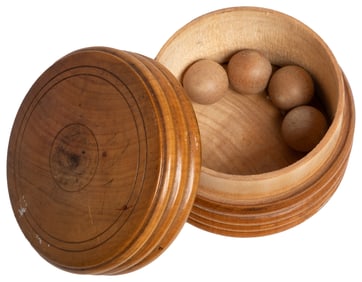 Turned Wooden Cork or Ball Box. Circa 1890. Turned round wo...