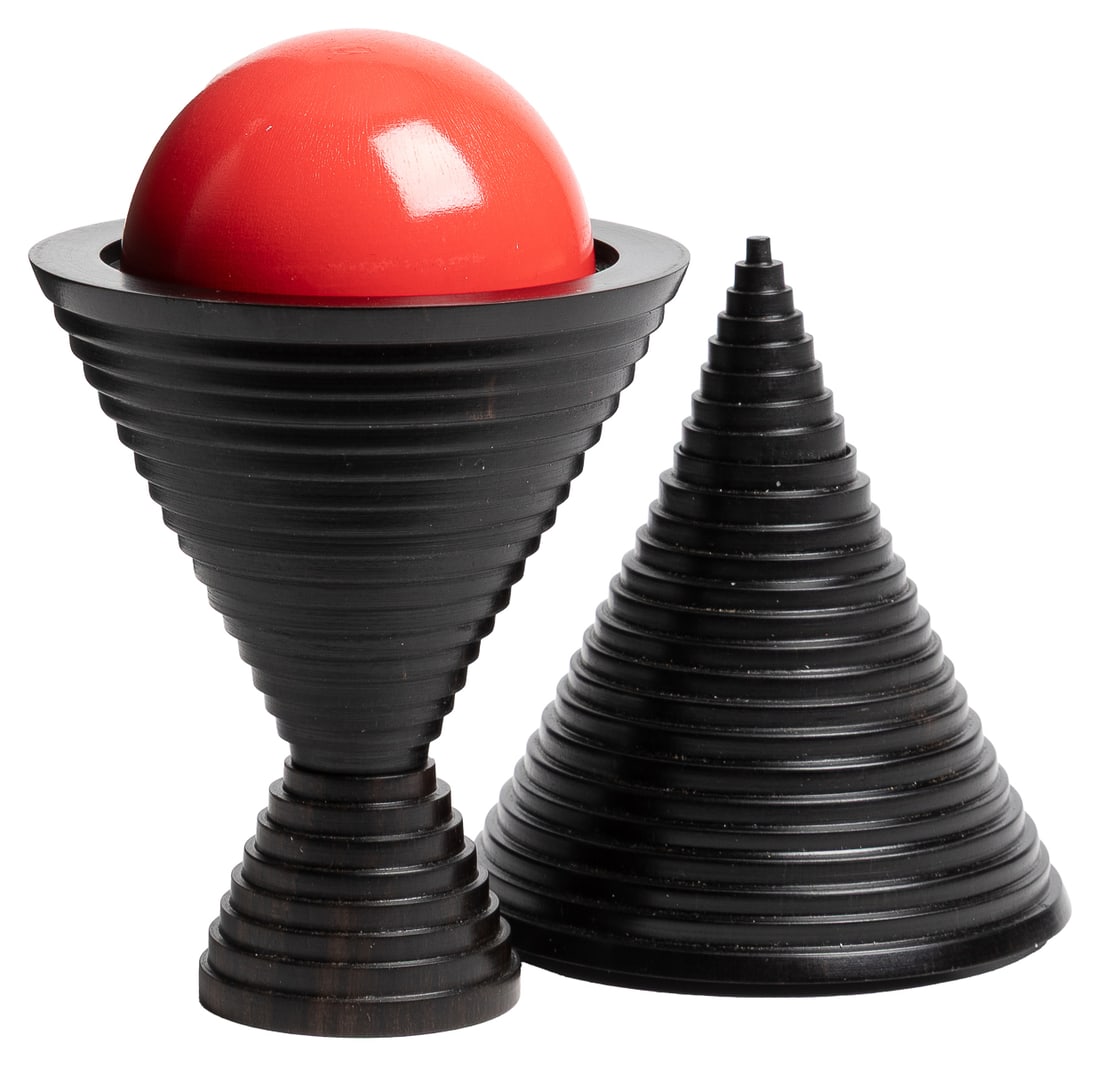 Pyramid or Stepped Morison Pill Box. Johnston, RI: Majic Br...: Pyramid or Stepped Morison Pill Box. Johnston, RI: Majic Brand Woodturning (Angelo Iafrate), 2016. A ball vanishes from the vase, then reappears inside. Elaborately turned from ebony in a stepped or p