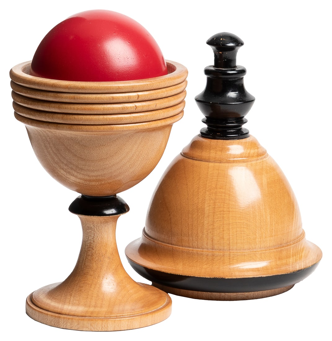 Morison Pill Box. Lake Forrest: John McKinven, 1995. A ball...: Morison Pill Box. Lake Forrest: John McKinven, 1995. A ball vanishes from the magicians and reappears in the vase from which it was removed. Mechanical spring-driven plunger in lid. Ball diameter 2 1/