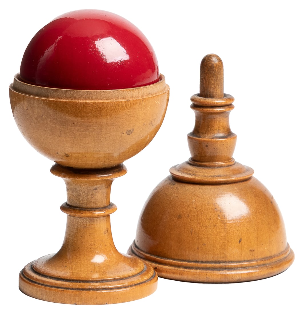 Morison Pill Box. German, 1910s. Maroon ball vanishes, then...: Morison Pill Box. German, 1910s. Maroon ball vanishes, then reappears inside the vase (as a complete sphere). Mechanism in lid. Height 5 ½”. Very good to near fine condition. From the Circu