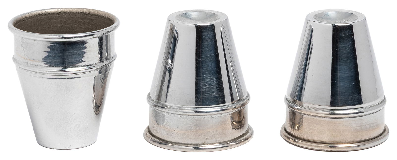 Miniature Cups and Balls Set. San Francisco: Golden Gate Ma...: Miniature Cups and Balls Set. San Francisco: Golden Gate Magic, ca. 1955. Tapered set of small chrome-plated cups with tapered design. Each saddle hallmarked “GG / Magic / SF.” Height 2