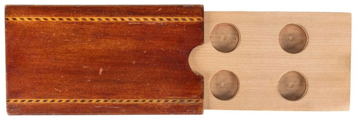 Four-Coin Drawer Box. European, ca. 1900. Hardwood box with...