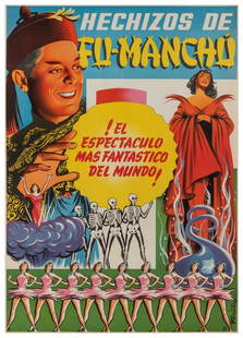 FU MANCHU (David Bamberg, 1904 - 74). Hechizos de Fu Manchú...: FU MANCHU (David Bamberg, 1904 - 74). Hechizos de Fu Manchú. Sao Paulo: Farinas, ca. 1950. Lively color poster depicting the famous conjuror, an assistant, skeletons, and dancing girls. Linen bac