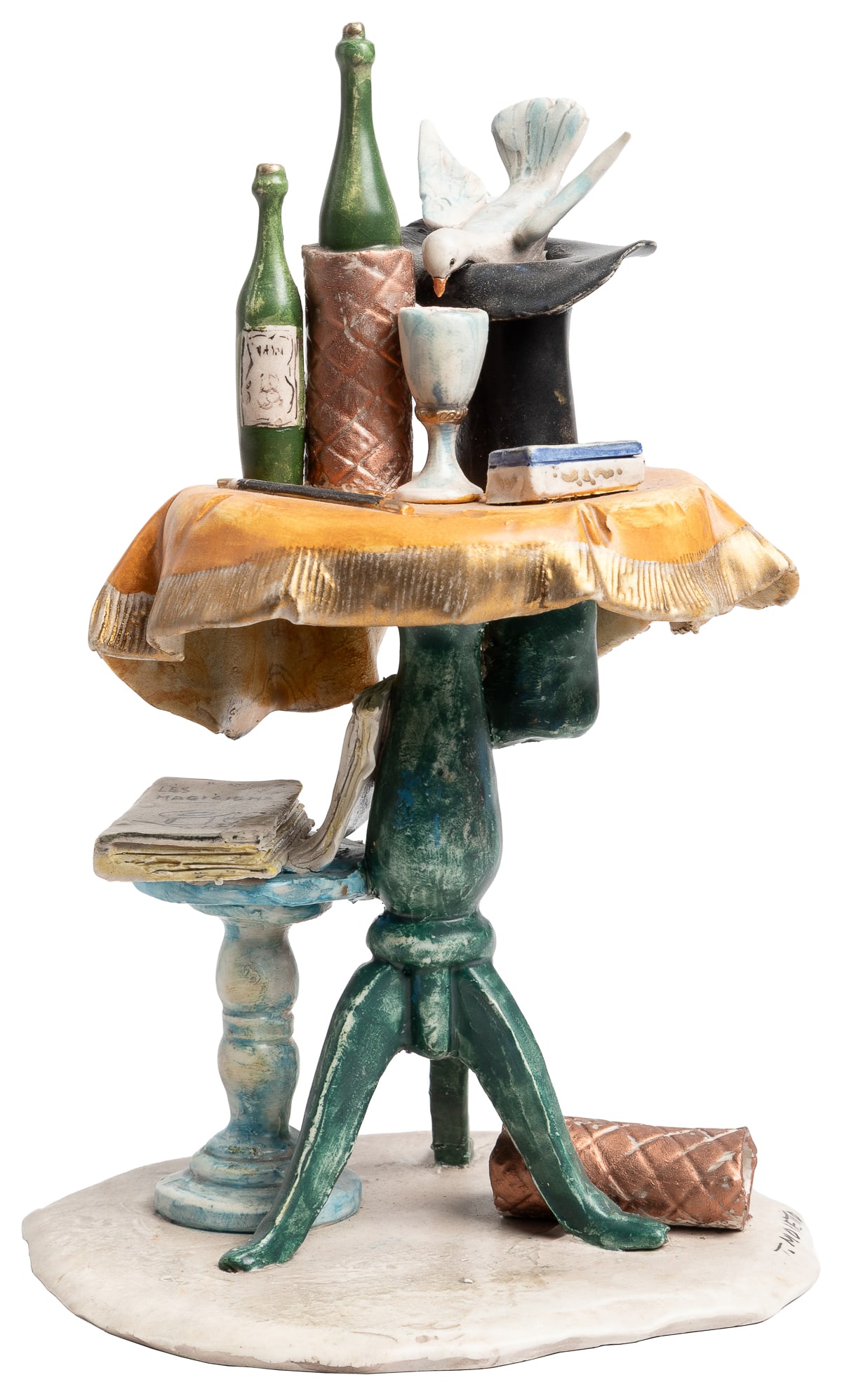 MORETTO, Toni (Italian, 1929 – 2011). Magician’s Table with...: MORETTO, Toni (Italian, 1929 – 2011). Magician’s Table with Dove. Italian, ca. 1990s. Hand-painted ceramic sculpture of a magician’s table laden with props, including Passe Passe Bot