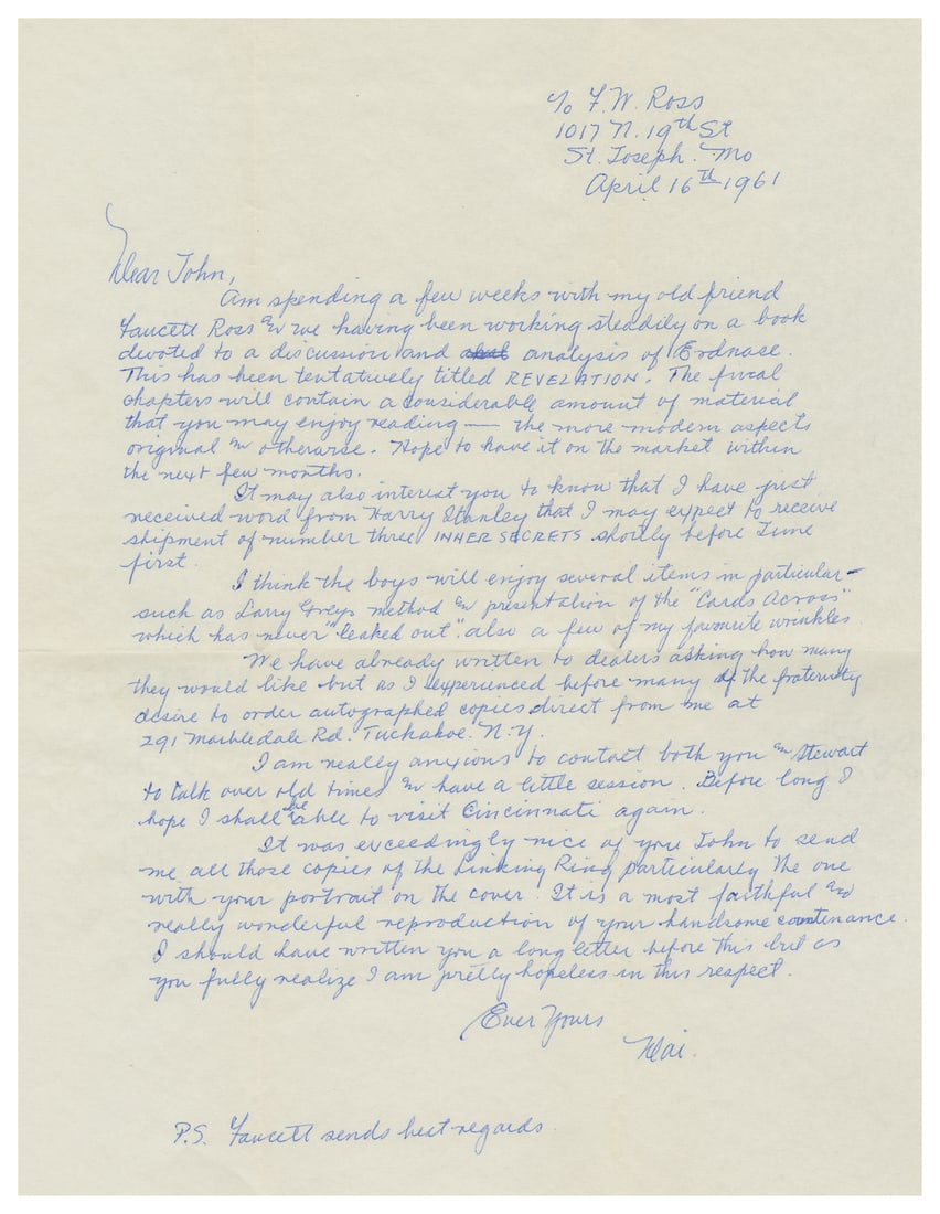VERNON, Dai (David Verner, 1894 – 1992). Four Dai Vernon Le...: VERNON, Dai (David Verner, 1894 – 1992). Four Dai Vernon Letters to John Braun. 1960s. Including a one-page ALS with the return address of Faucett Ross including this note: “…we have