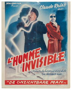 The Invisible Man. Universal, R-1950s. Belgian mid-century ...: The Invisible Man. Universal, R-1950s. Belgian mid-century re-release poster for the horror film based on the story by H.G. Wells. Top margin trimmed. 17 ¾ x 14”. Piece torn at top center;