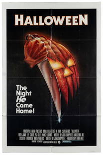 Halloween. Compass International, 1978. One-sheet (41 x 27”...: Halloween. Compass International, 1978. One-sheet (41 x 27&#8221;). Original theatrical release poster for the horror film by John Carpenter. Art by Bob Gleason. Ratings box in blue/green, indicating