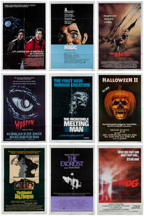 [HORROR & FANTASY]. Group of 9 film posters. Nine one-sheet...: [HORROR & FANTASY]. Group of 9 film posters. Nine one-sheet posters (41 x 27”) for 1970s movies, including The Exorcist, The Fog, The Incredible Melting Man!, The Island of Dr. Moreau, An