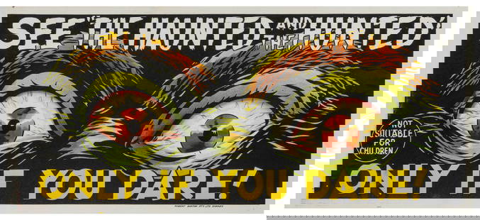 Dementia 13. Filmgroup, 1963. Horizontal daybill (13 ½ x 30...: Dementia 13. Filmgroup, 1963. Horizontal daybill (13 ½ x 30”) stone lithograph teaser poster. Renamed “The Haunted and the Hunted” internationally, this horror-thriller is seen